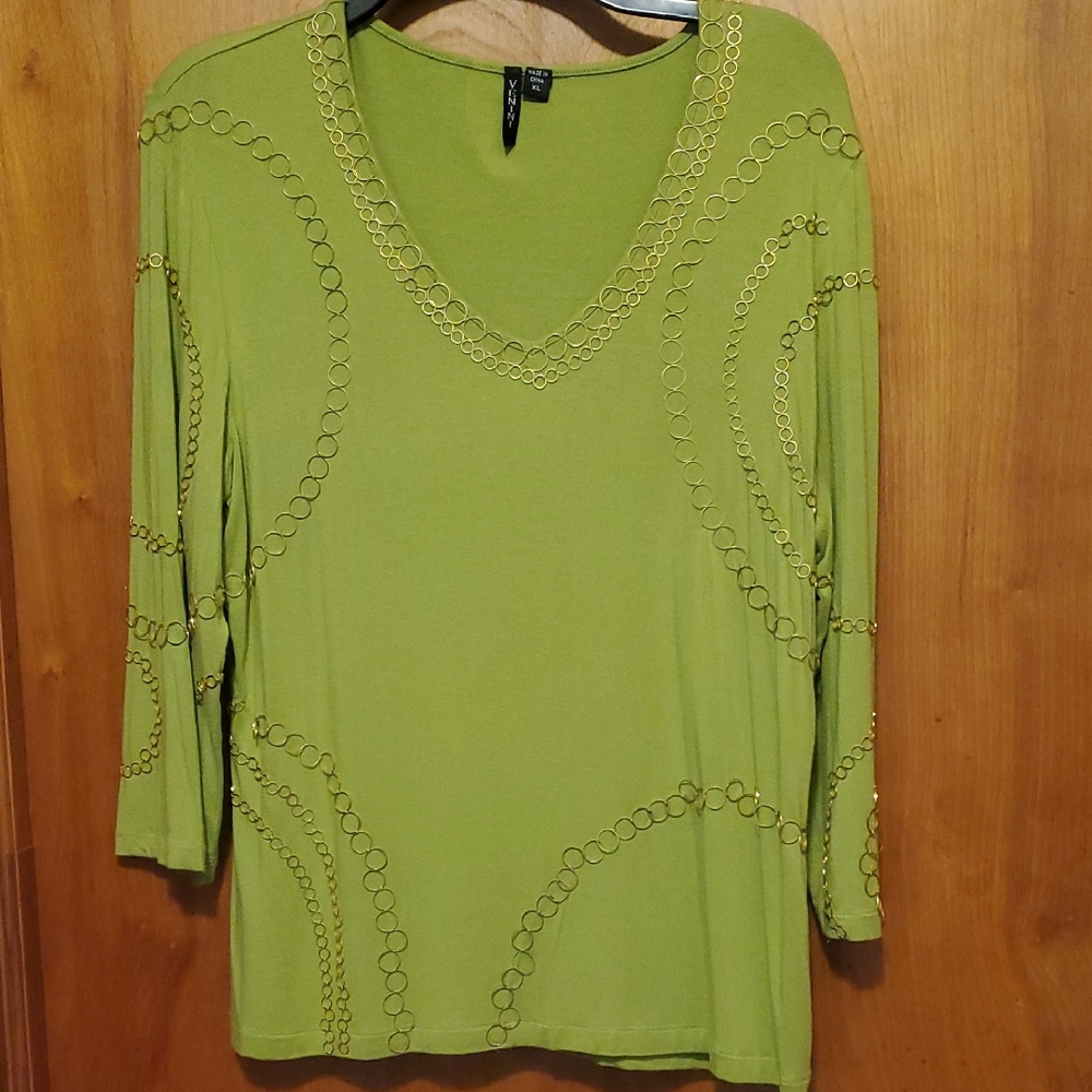 Alfani Bright Lime Green Ring-Detail Long Sleeve V-Neck Top